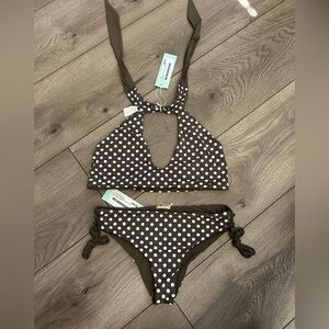 NWT San Lorenzo Bikinis Brown/White Polka Dot Bikini Size L (Reversable)
